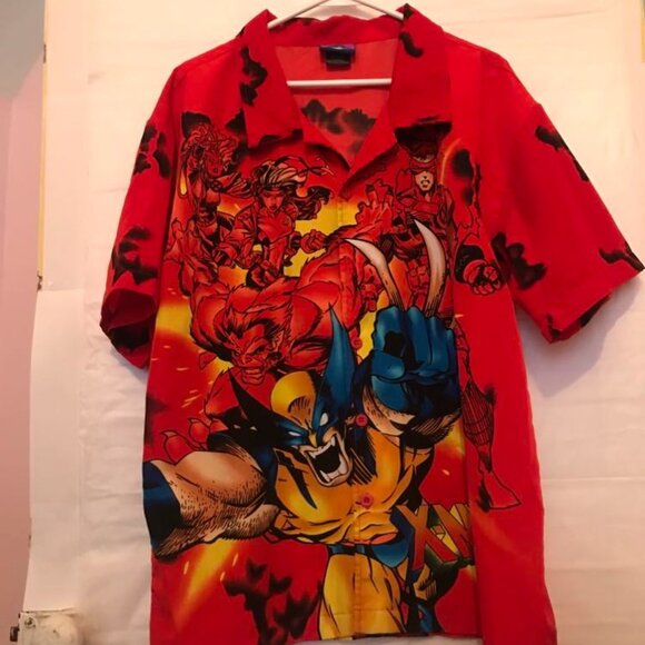 Vintage Marvel Comics X-Men 2002 All Over Graphic Hawaiian Shirt Size Medium Y2K - Picture 1 of 5